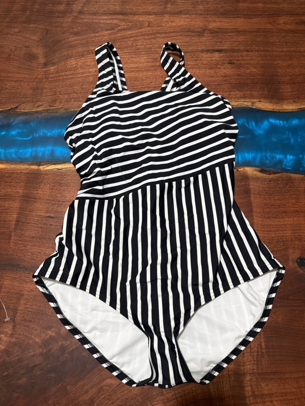 Lands' End Black and White Vertical Stripe One-Piece Swimsuit